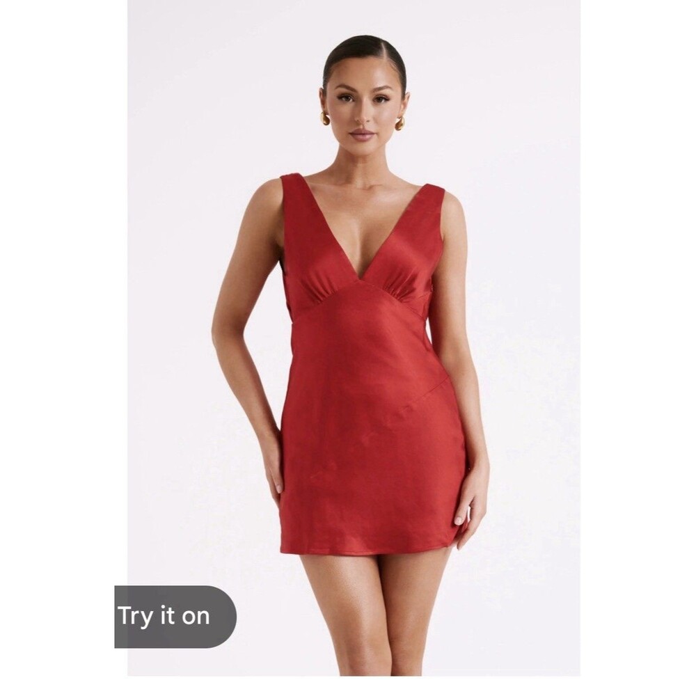 Meshki Women Slip Dress Red Satin V-Neck Zip Cowl Back Mini Size Small
